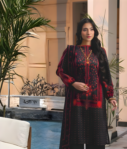 Navy Blue & Red Printed 3-Piece Unstitched Lawn | Libas Collection