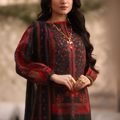 Navy Blue & Red Printed 3-Piece Unstitched Lawn | Libas Collection