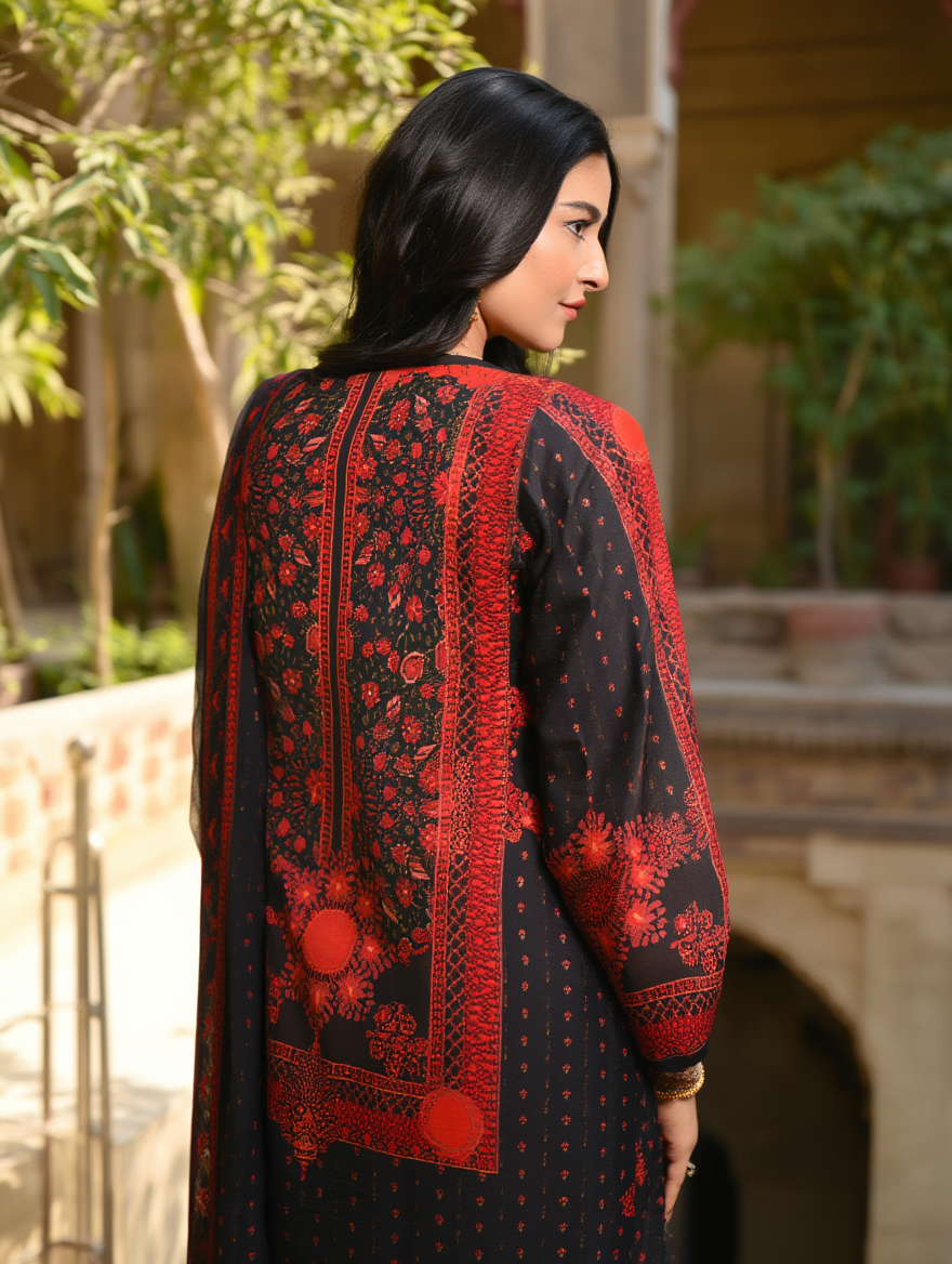Navy Blue & Red Printed 3-Piece Unstitched Lawn | Libas Collection