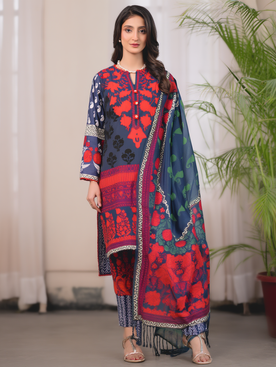Black & Maroon Unstitched 3-Piece Lawn Suit | Libas Collection