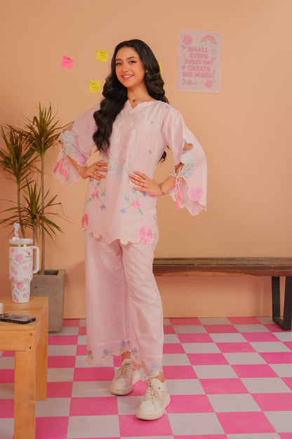Baby Pink Floral Embroidered Co-Ord Set